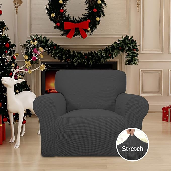 Easy-Going Stretch Chair Sofa Slipcover 1-Piece Couch Sofa Cover Furniture Protector Soft with Elastic Bottom for Kids, Pet. Spandex Jacquard Fabric Small Checks (Chair, Dark Gray)
