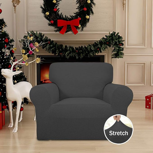 Easy-Going Stretch Chair Sofa Slipcover 1-Piece Couch Sofa Cover Furniture Protector Soft with Elastic Bottom for Kids, Pet. Spandex Jacquard Fabric Small Checks (Chair, Dark Gray)