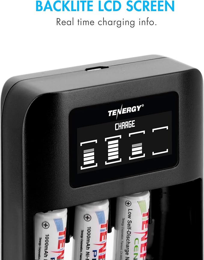 Tenergy TN474U 4-Bay NiMH/NiCD Battery Charger with LCD Display and USB Input, Portable Charger for AA/AAA NiMH and NiCD Batteries