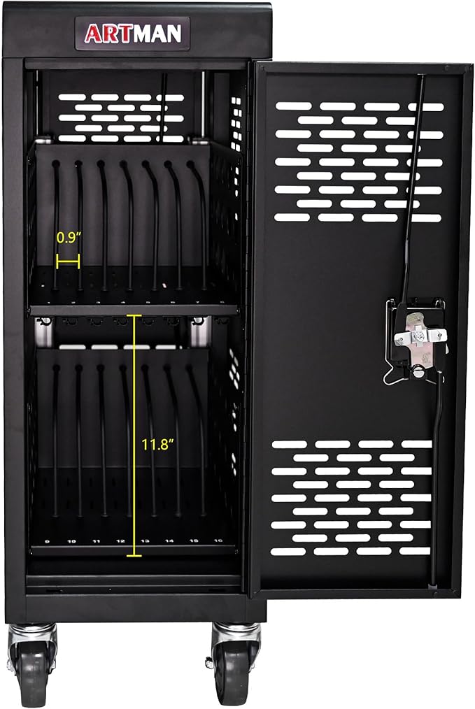 16-Device Mobile Charging Cart with Charging Power Strip and Front and Rear Access Locks, Cable Management, Up to 14", Safe Charging Cabinet for Chromebooks, Tablets, Laptops Black