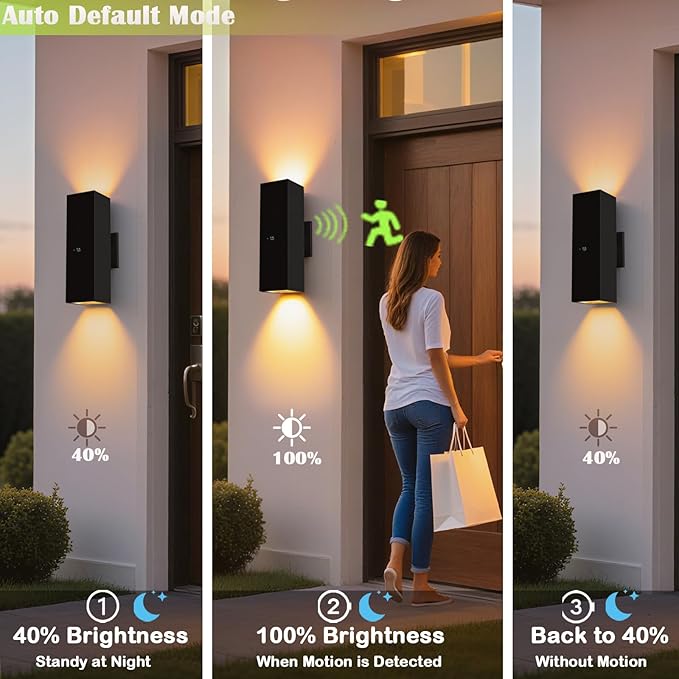 rosykite Motion Sensor Outdoor Wall Lights, Dusk to Dawn Exterior Wall Mount Light Fixtures with 3 Modes, Waterproof Up Down Porch Lights for House, Garage, Patio, Entryway, Matte Black