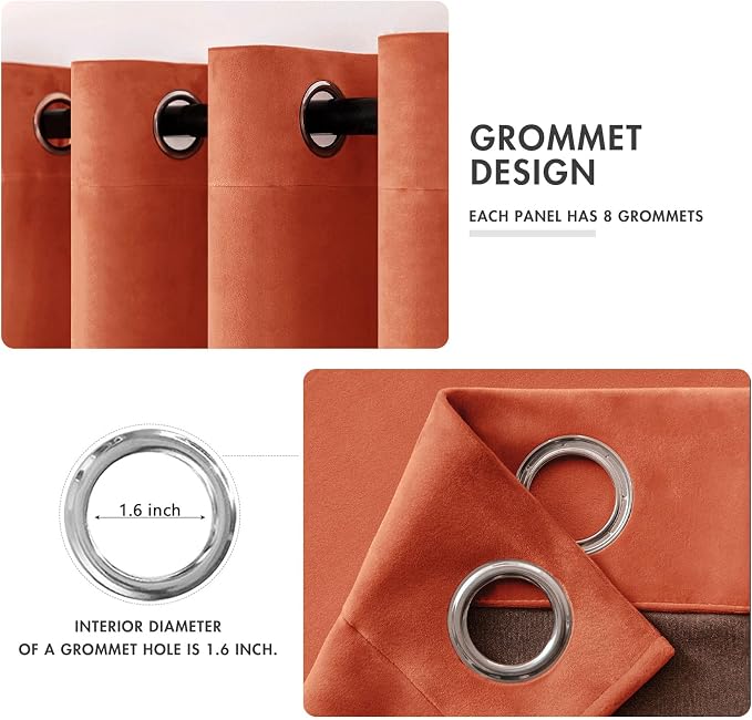 MIULEE Fall Burnt Orange Velvet Curtains 52 x 84 Inch Length Set of 2 | Grommet - Image 2
