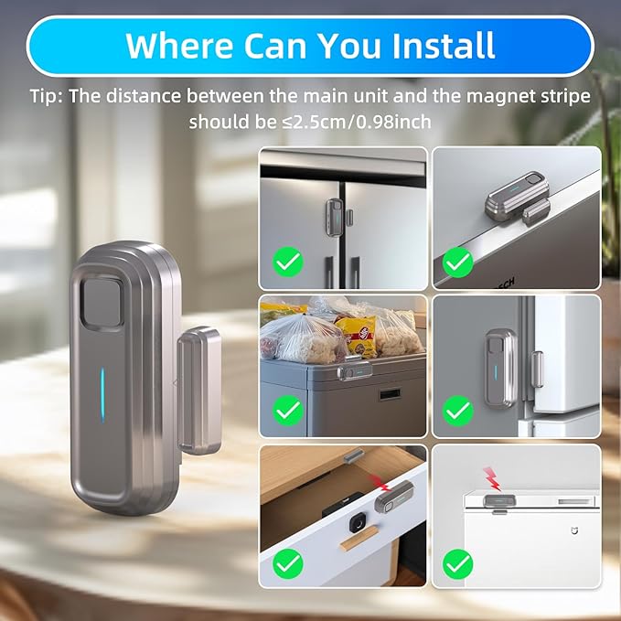 Daytech Refrigerator & Freezer Door Alarm - Adjustable 1-4 Minute Delay, 0-120dB Adjustable Siren, Door/Window Sensor for Home or Business (2 Pack, Grey)