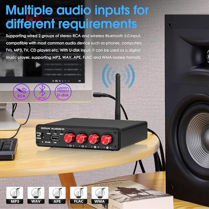 4 Channel Bluetooth Amplifier, 50W x 4 Audio Power Amp, Hi-Fi Home Stereo Speaker Receiver [Douk Audio M4]