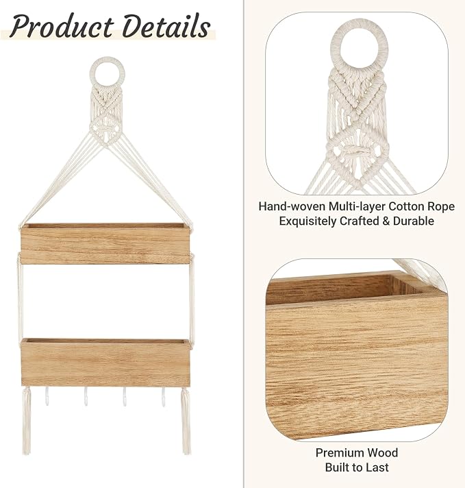 Mkono Bedside Shelf Organizer Macrame Wall Hanging Girls Room Decor Small | - Image 5