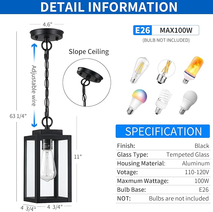 MYHXQ 11'' Outdoor Pendant Light, Modern Outside Chandelier Outdoor Hanging Lantern Light, Matte Black with Clear Glass, Exterior Pendant Lighting Fixture for Porch, Yard, Gazebo, 1Pack