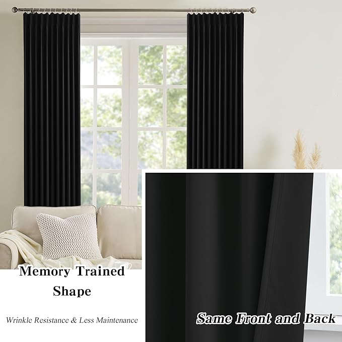 80 Inch Wide Black Pinch Pleated Curtains 80 x 132, Thermal Insulated Noise - Image 6