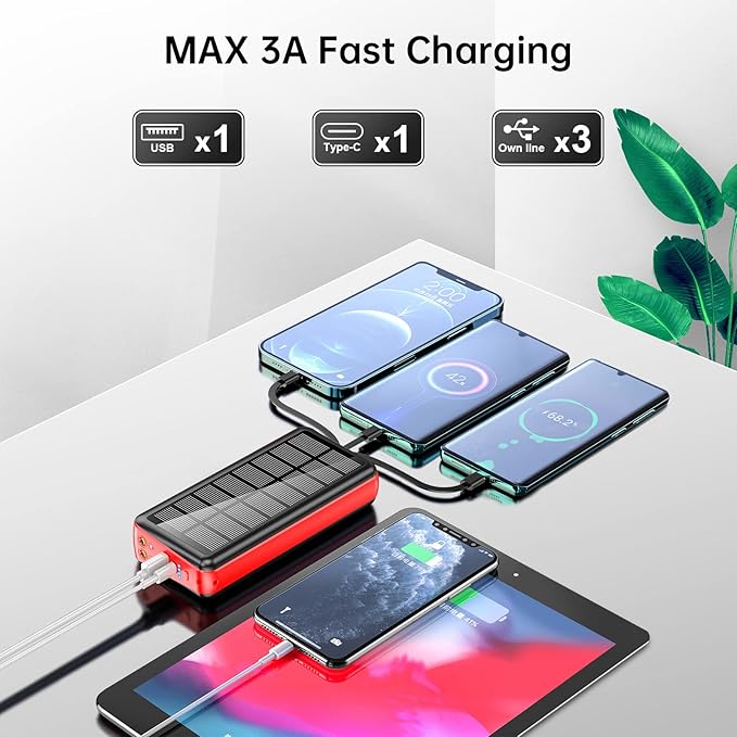 boogostore Portable Charger with Built in Cable and Wall Plug 50000mAh 22.5W Fast Charging Solar Power Bank with 5 Output & 2 Input Dual LED Flashlights Phone Holder External Battery Pack (Red)
