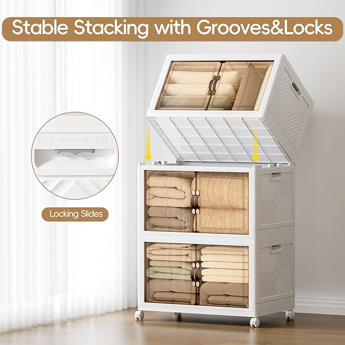 JEKO&JEKO 800Qt Foldable Stackable Storage Boxes with Lids and Wheels, Stackable Plastic Storage Bins for Home, White, 6Pack