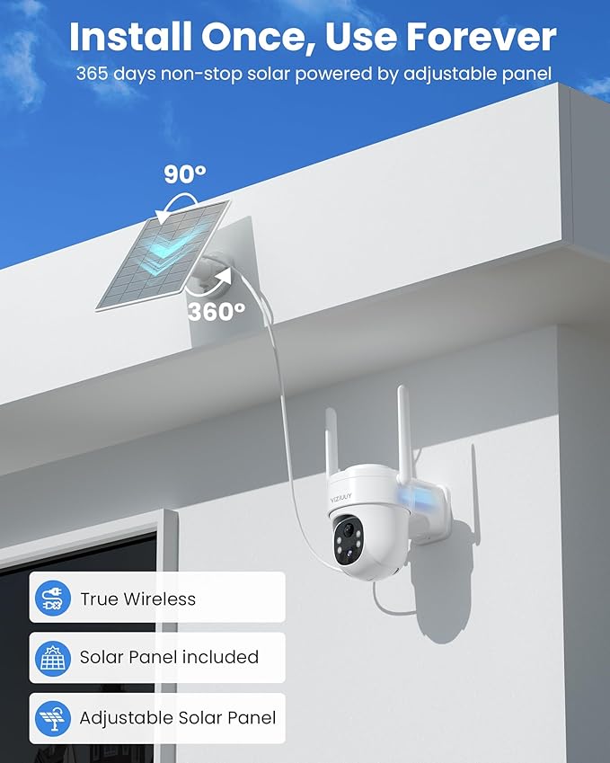 VIZIUUY Solar Security Cameras Wireless Outdoor 4 Pack, 3MP Security Cameras Wireless Outdoor, Pan Tilt 360°WiFi Camera with Color Night Vision/PIR Sensor/2-Way Audio/Alexa