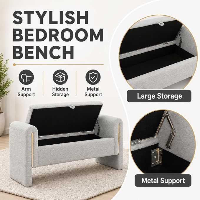 52" Upholstered Storage Bench, Wood Frame | Mid-century storage ottoman bench - Image 4