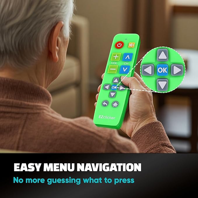 EZclicker Plus Big Button Universal TV Remote (Green) Simple Easy to Use, Works with Major TV Brands (2xAAA Batteries Not Included)