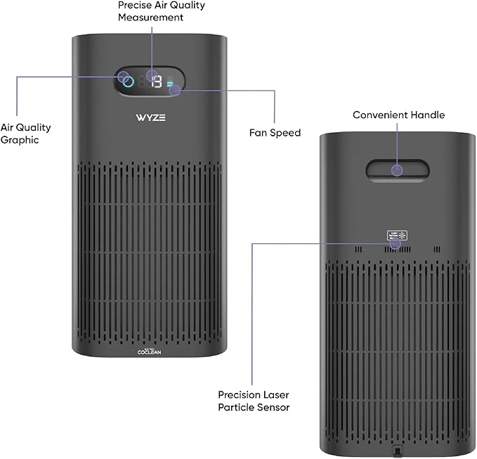 Wyze Air Purifier with Wildfire Filter (Special), for Living Room, Kitchen, HEPA 13, 21db Quiet, with Sleep Mode, Air Cleaner for Smoke, Pollen, Dander, Hair, 550 sq ft, Smart WiFi Alexa Google, Black