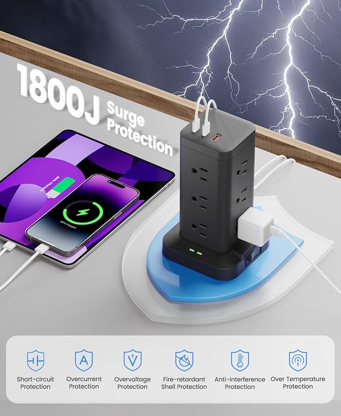Power Strip Tower with Surge Protector 1800J, Fast Charging Tower PD20W USB-C - Image 2