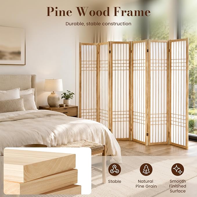 6 Panel Room Divider, 66.9" Tall Folding Privacy Screen, Natural | Shoji Screen - Image 4