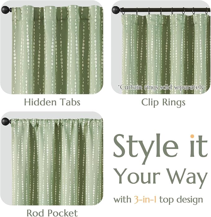 jinchan Boho Blackout Curtains 84 Inches Long Moon Phase Printed Drapes | Sage - Image 6