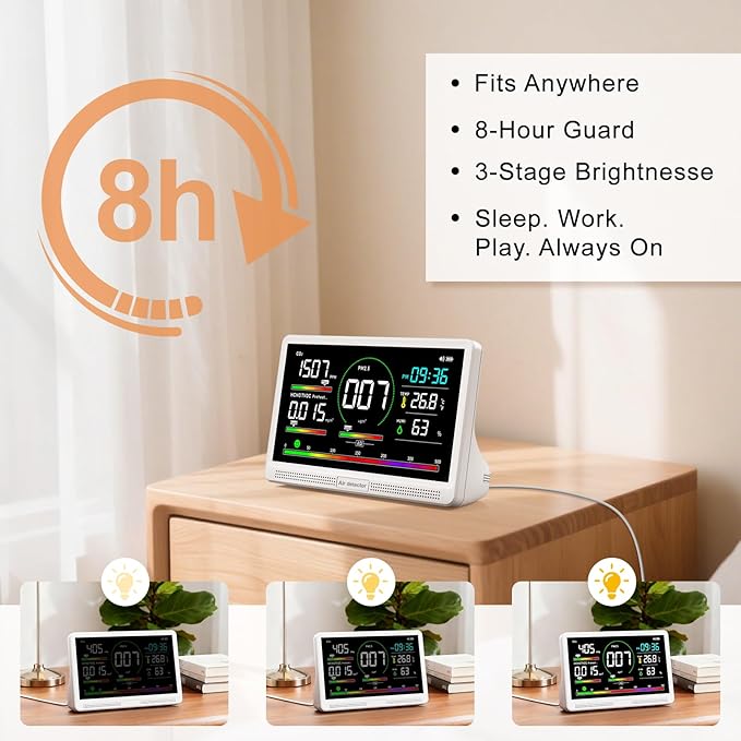 16 in 1 Air Quality Monitor Indoor 7" Display 9 AQI+7 AQI Alerts,Portable Air Quality Tester CO2, TVOC, PM2.5 PM1.0 PM10, HCHO Temperature Humidity AQI & Time Air Quality Meter for Home