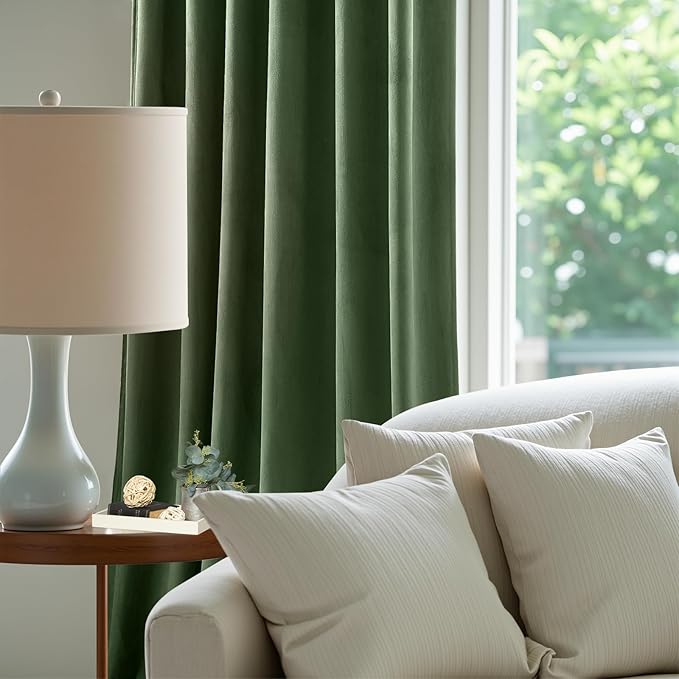Olive Green Velvet Curtains 102 Inches Long for Bedroom, Super Soft Room Darkening Thermal Insulated Curtains Luxury Window Drapes for Living Room Nursery, Back Tab Rod Pocket, W52 x L102, 2 Panels