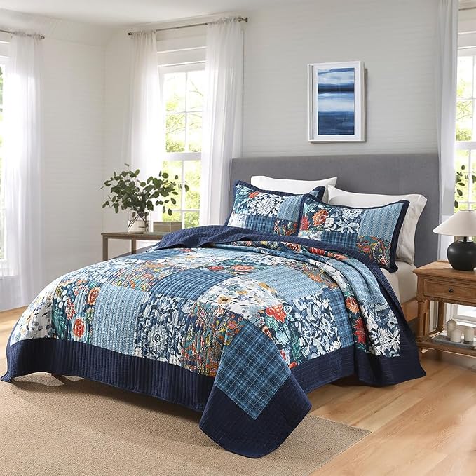 Autumn Dream Cotton Bedspread Luxury Vintage Floral Patchwork Blue Bedding - Image 2