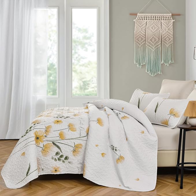Dinjoy Quilt Set Full Size Yellow, 3 Pieces Floral Parrten Bedspreads | Soft - Image 3