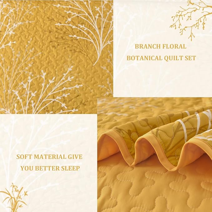 DJY Yellow Quilt Set King Size Branch Botanical Bedspread Coverlet Set | 3 - Image 5
