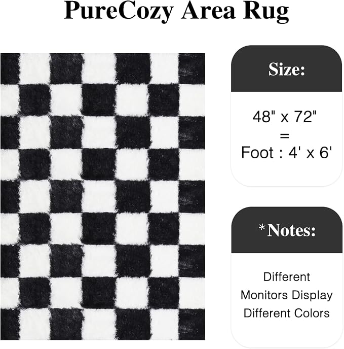 Checkered Rug 4x6 for Kids Room Black and White Soft Shag Rugs | Machine - Image 2