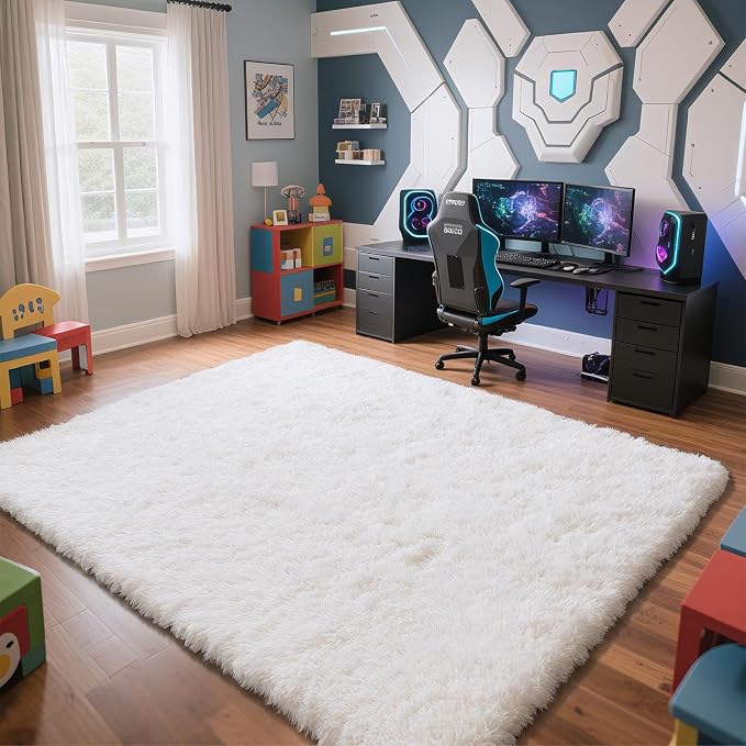 White 8x10 Area Rugs for Living Room, Fluffy Shag Rug Large Bedroom Carpet | - Image 2