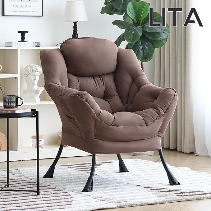 Lazy Chair with Ottoman, Comfy Accent Reading Chair, Dark Brown | Foldable - Image 2