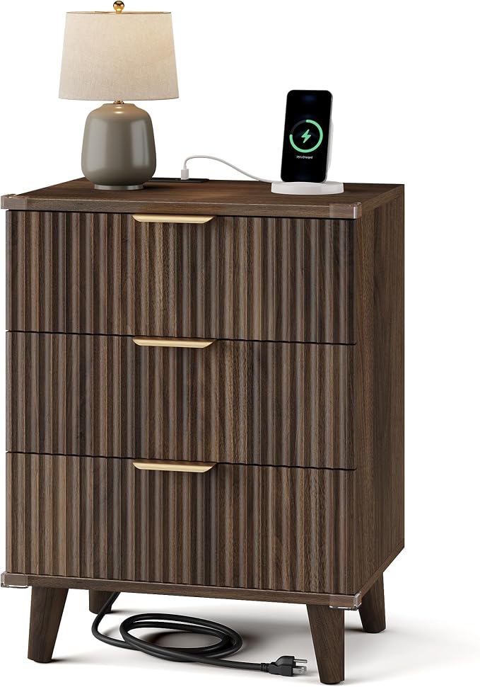 Wood Bedside Table w/Charging Station, 3 Drawers Fluted Dresser | Walnut by Lulive