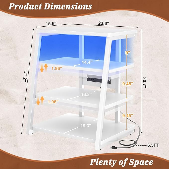 Armocity 4-Tier AV Media Stand with Power Strips, Stereo Stand with LED Lights, Audio Tower Rack with Adjustable Shelves, Small Entertainment Center, 30'', White