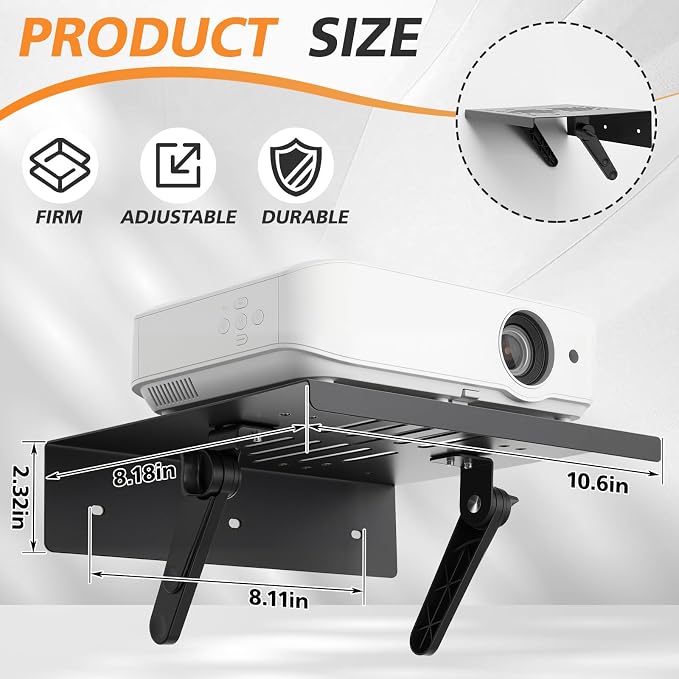 No Drill Metal Projector Shelf for Wall Mounted, 10.6 x 8.2 Inch Adjustable - Image 3