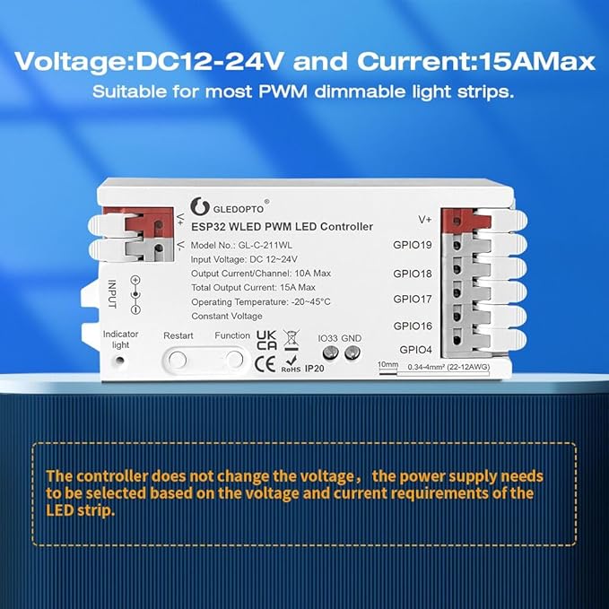 ESP32 PWM WLED LED Controller 5 Modes in 1 DC 12-24V WiFi Wireless App Control Easy Wiring DIY Static Dynamic Mode Lighting For Analog RGBCCT RGBW RGB WWCW CCT Dimmer Strip Light WLED Pre-installation