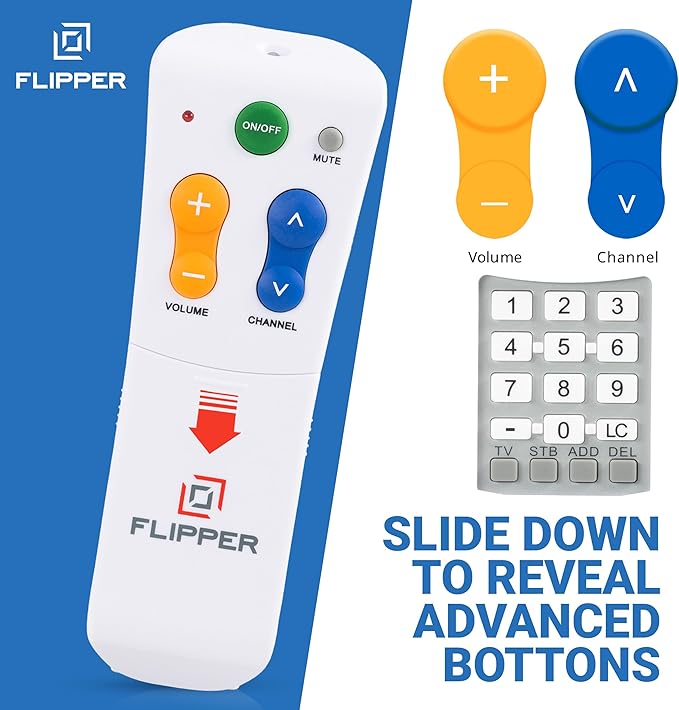 Flipper Big Button Universal TV Remote for Seniors, Dementia - Works Both TV Only or TV & Cable (STB) Set Up - Favorites, IR Devices Spectrum, Xfinity, Samsung, Vizio, LG [Does not Work Streaming]