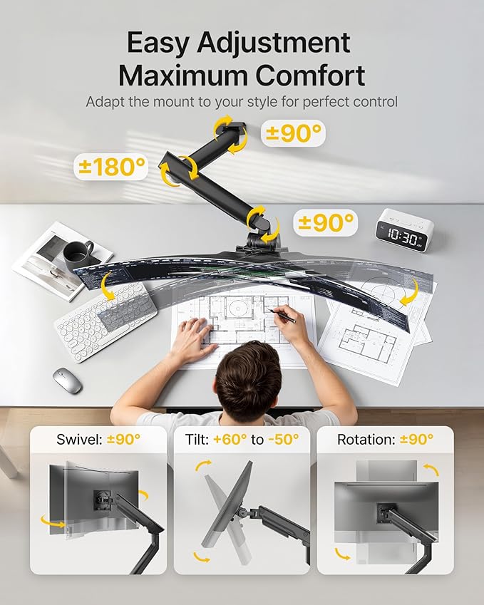 monTEK Heavy-Duty Single Monitor Wall Mount for 17-57” Ultrawide Screens up to 59.4lbs, Premium Aluminum Wall Mount Monitor Arm with Full Motion Adjustment, Pneumatic Lift, Max VESA 100x100