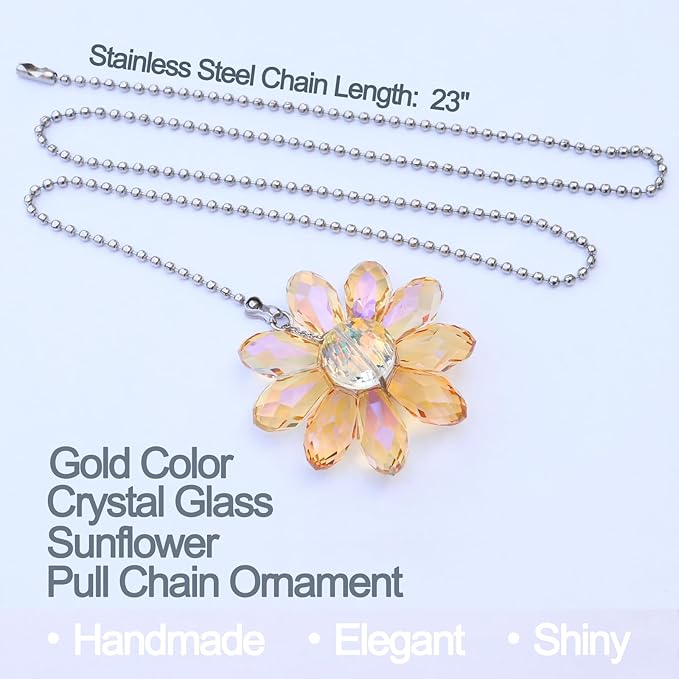 LEFERS Ceiling Fan Pull Chain, 2 Pieces 1.8" Crystal Glass Flower Pendants with 24" Ceiling Fan Chain Extender and Connector (Gold)