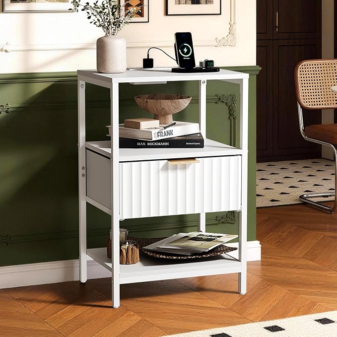 VINGLI White Nightstand with Charging Station and Fabric Drawer, Fluted Night - Image 8