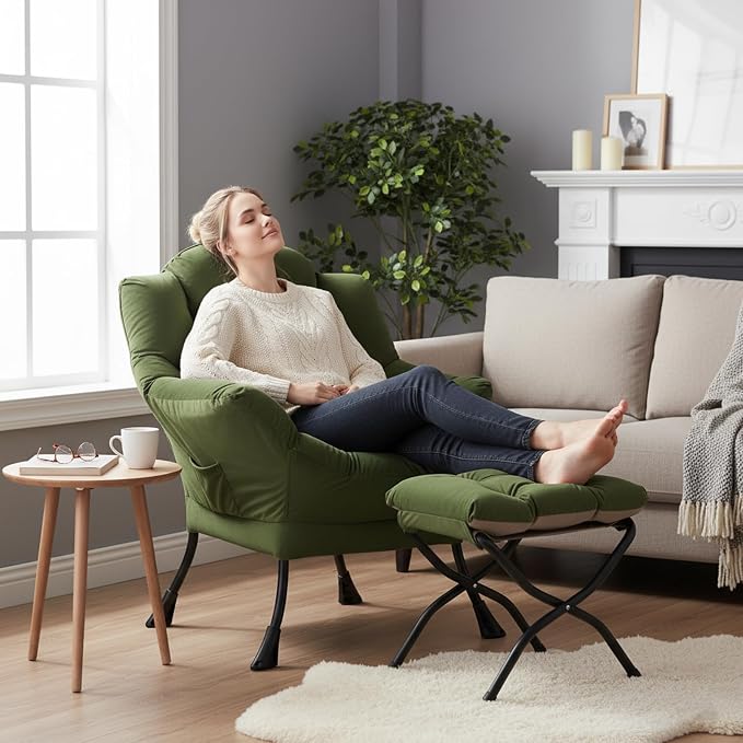 Welnow Lazy Chair with Ottoman, Reading Chair with Footrest，Army Green | A Side - Image 7
