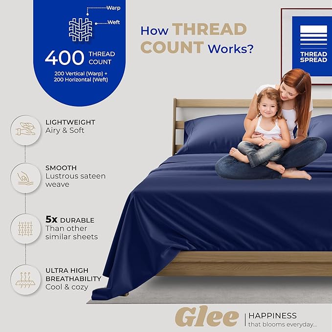 THREAD SPREAD 400 Thread Count King Cotton Sheets - 4 PC King Size Bed Sheet Set Cotton (Navy Blue), Soft, Cooling, Hotel-Quality 16" Deep Pocket Sateen Bedsheet for Hot Sleepers (Fits 18" Mattress)