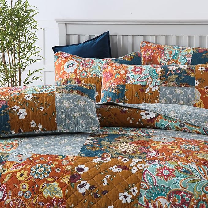 Autumn Dream Cotton Bedspread Yellow Grey Patchwork Quilt, King Size | Cotton - Image 3