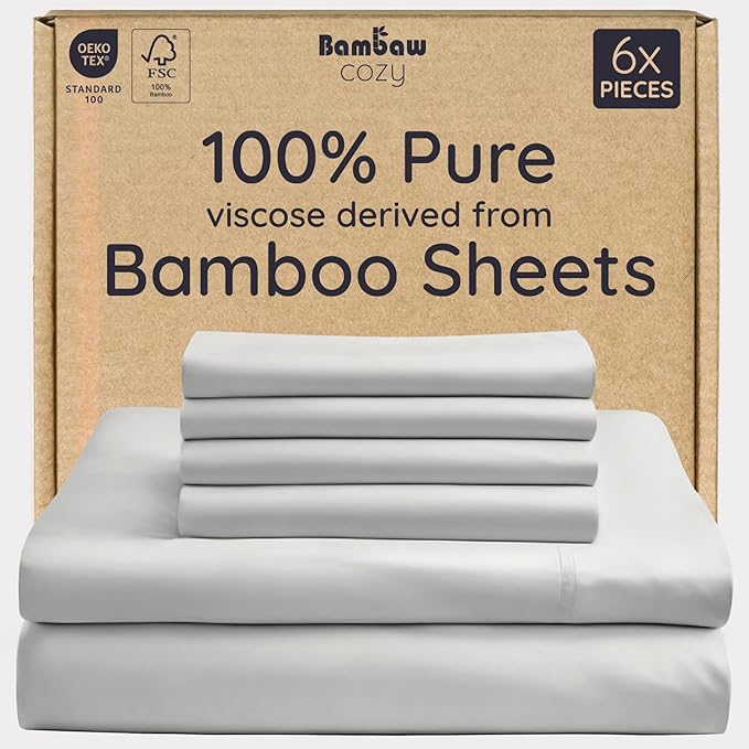 Bambaw King Sheet Set 6pcs – 100% Viscose Derived from Bamboo Sheets King Size Deep Pocket, Fits Up to 16'' with Elastic Corner Straps, Soft Cooling Sheets for Hot Sleepers (Moonlight Gray)