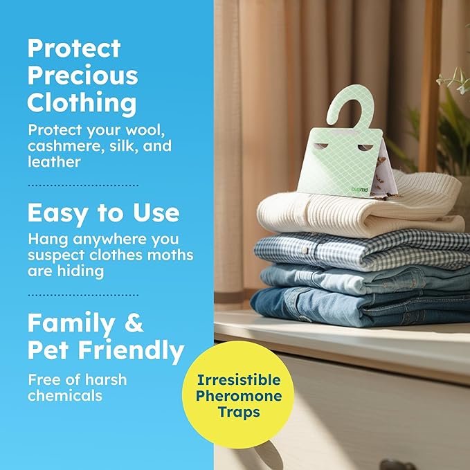 BugMD Clothes & Pantry Moth Traps (6 Count) – Sticky Glue Pheromone-Based Repellent for Closets, Cabinets & Wardrobes – Non-Toxic - Green