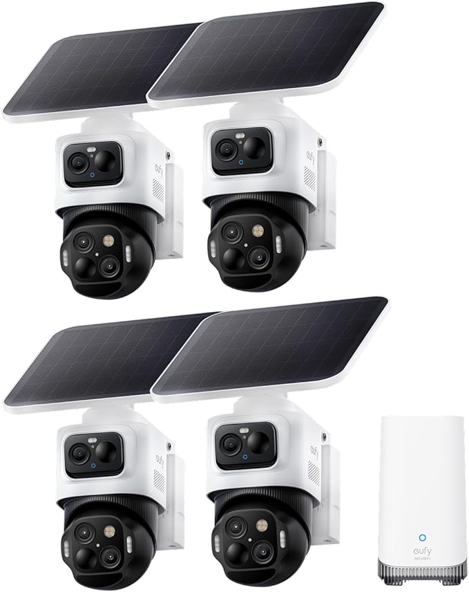 eufy Security eufyCam S4 4-Cam Kit,4K Solar Camera Wireless Outdoor, Triple Lens Bullet-PTZ Cam, 360° View, Cross-Cam Track, Al Recognition, 8X Zoom, Color Night Vision, 0 Monthly Fee, Local Storage