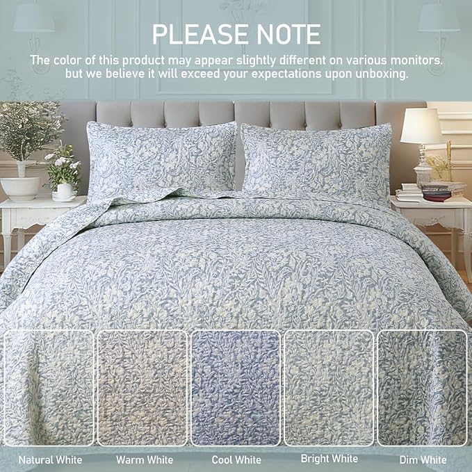 DURLENGEN Botanical Quilt Set King Size 3Pcs, Bluish Grey Printed - Image 6