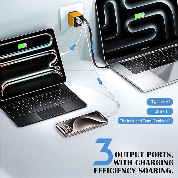 80W GaN Fast Charger with Retractable USB-C Cable 3-in-1 Wall Charger Block with Built-in Type-C Cord & 2 USB Ports, PD 3.0 & QC 4.0 Fast Charging for iPhone 15/16/17, Samsung Galaxy, Pixel, iPad Y