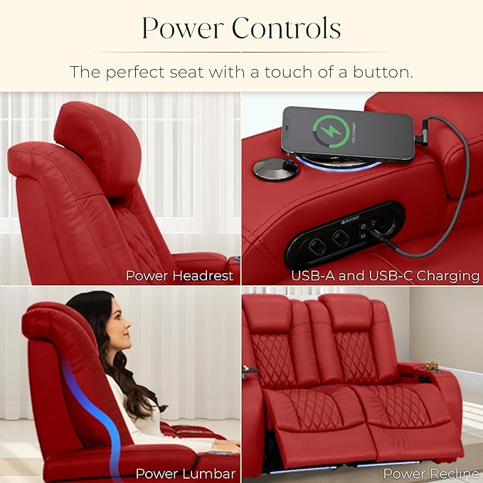 Seatcraft Diamante Zero-Gravity CoolZero Italian Leather Home Theater Seating, Power Headrest, Power Recline, Row of 4 Dual Loveseats, Red