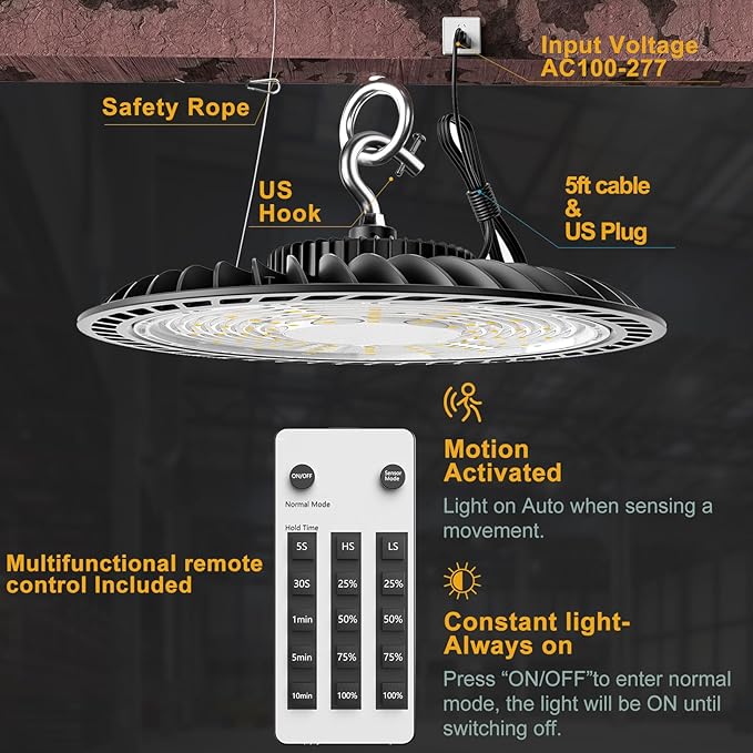 ACOHOOK Smart 200W High Bay LED Shop Lights 30000lm UFO LED Light with Smart Controller Supports Normal Mode & Motion Sensor Mode(Energy Saving) ETL Listed High Bay Lights for 25-35FT Warehouse-6Pack