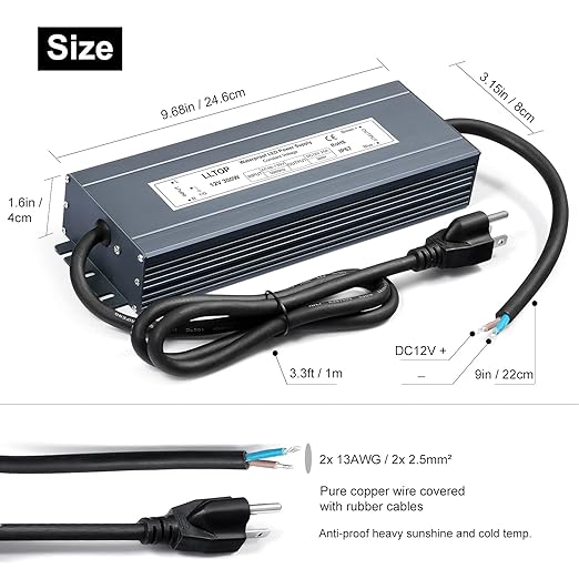 LLTOP LED Driver 300 Watts Waterproof IP67 Power Supply 90-130V AC to 12V DC 25A Low Voltage Transformer Converter Power Adapter for Indoor Outdoor LED Lights