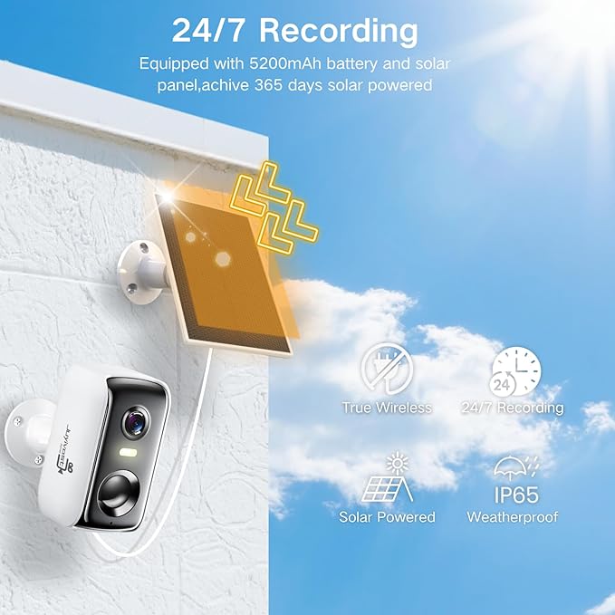 Solar Security Cameras Wireless Outdoor, 2K Outside Security Wireless WiFi Cameras, Battery Powered Outdoor Cameras with Solar Panel, Color Night Vision, 2.4G/5.8G WiFi, 2-Way Audio, PIR Motion Sensor