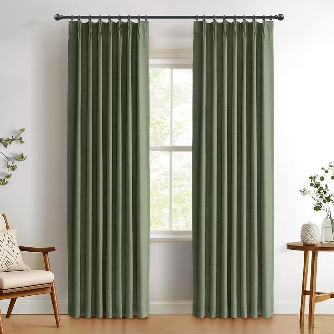 Pinch Pleated Full Blackout Faux Linen Curtains 102 Inches Long | Moss Green by 100BlackoutShield