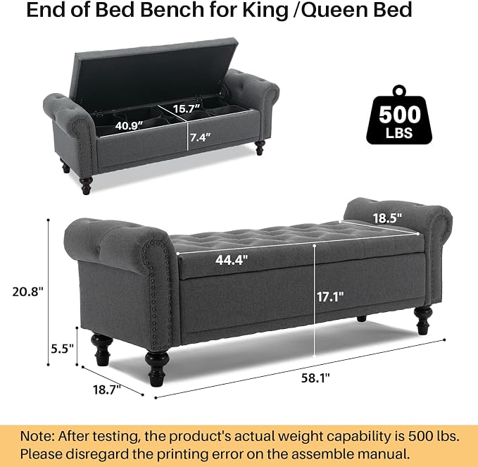 SOFTHION 58.1" Storage Bench for Bedroom, Linen Upholstered - Image 2